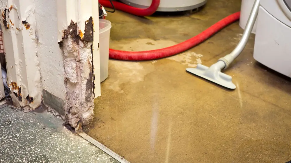 Wet vacuum with a red hose extracting water from a floor