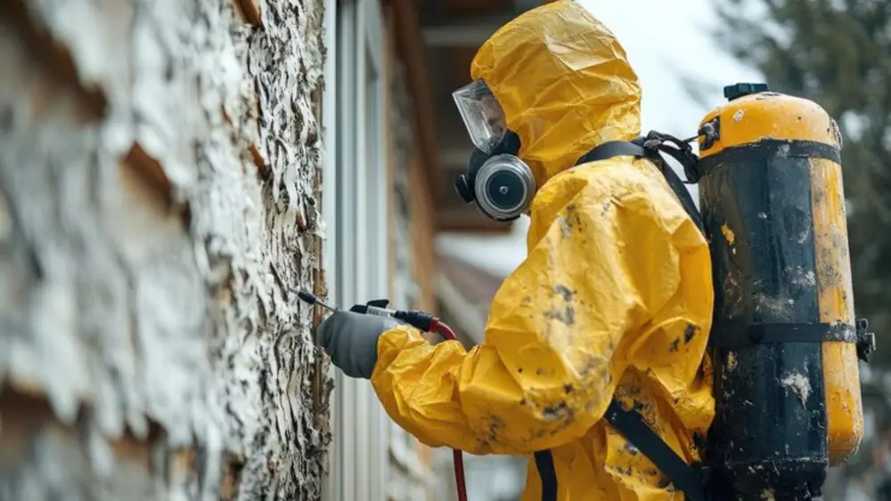 Technician in a protective suit and respirator treating a mold-affected wall