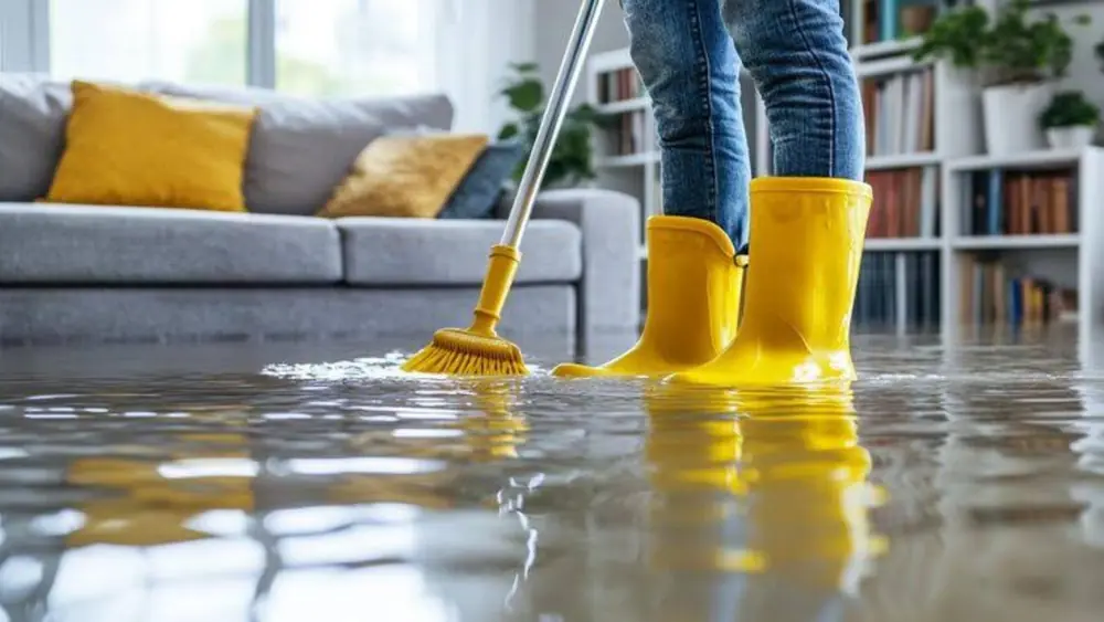 Worker in yellow boots sweeping water across a living room floor