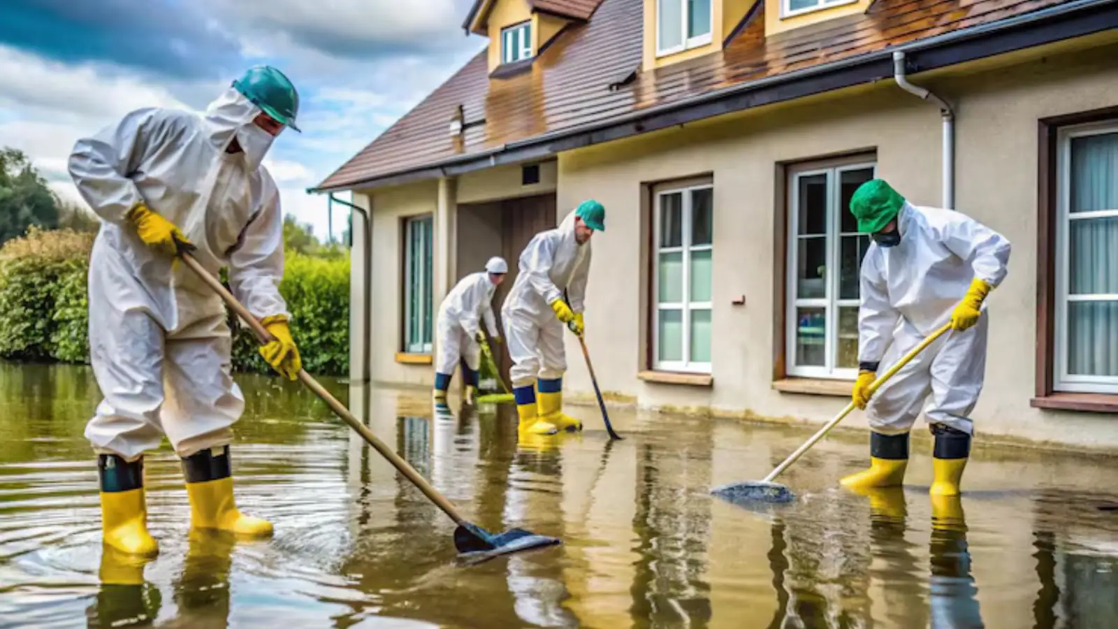 Crew in protective suits and boots cleaning up contaminated water around a house