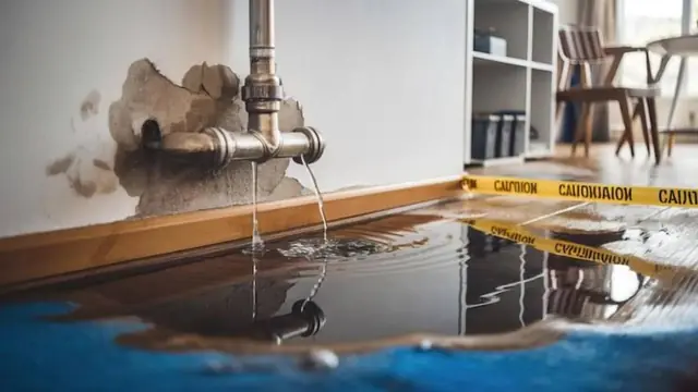 Burst pipe spraying water onto the floor beside caution tape
