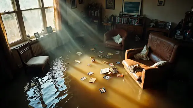 Flooded living room with belongings floating in standing water
