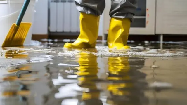 Person in yellow boots wading through floodwater indoors