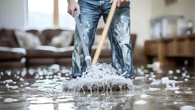 Mop pushing water across a wet floor during cleanup