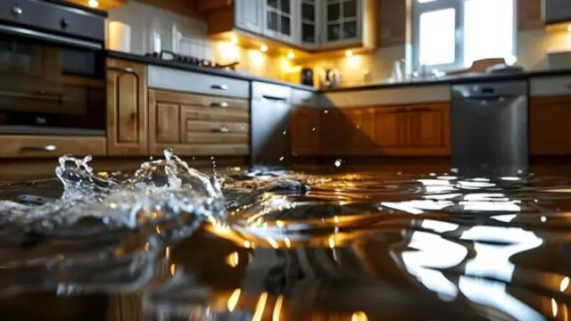 Kitchen with water covering the floor