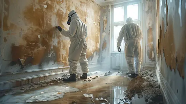 Technicians in protective suits in a water-damaged room with mold on the walls