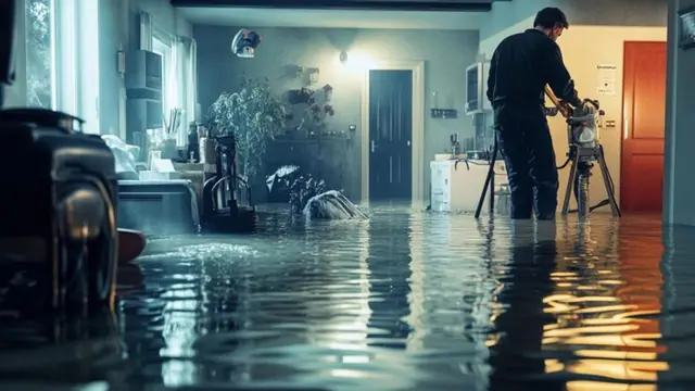 Person standing with equipment in a flooded room